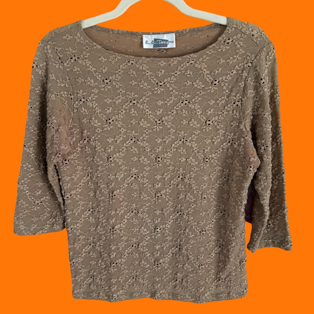 90's 00's vintage floral lace 3/4 sleeve y2k boatneck bodycon top LARGE